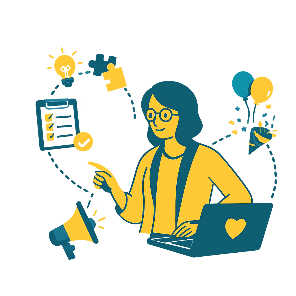 Ilustracja kobiety przy laptopie symbolizująca organizację projektów i wydarzeń - kalendarz, megafon, pomysły i współpracę