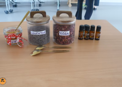 Na stole ustawione są naturalne składniki: mały słoiczek z miodem ozdobiony czerwoną wstążką, większe słoje z suszoną lawendą i płatkami róży oraz cztery brązowe buteleczki olejków eterycznych. Obok leżą złote łyżeczki. Ujęcie oddaje aromatyczny, spokojny klimat warsztatów „Domowe SPA”, podczas których uczestniczki tworzyły własne sole do kąpieli.