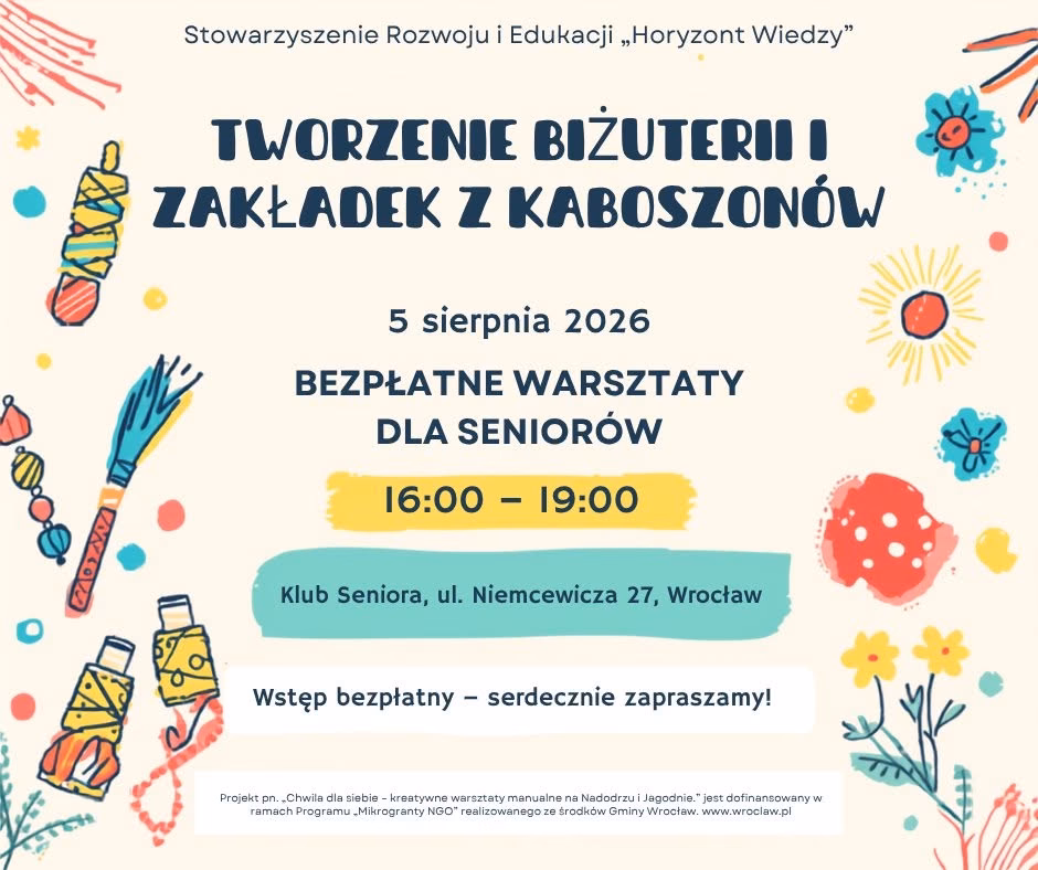 Plakat zapraszający na bezpłatne warsztaty „Tworzenie biżuterii i zakładek z kaboszonów” dla seniorów, z kolorowymi ilustracjami materiałów rękodzielniczych, kwiatów i ozdób oraz informacjami o dacie, miejscu i organizatorze.