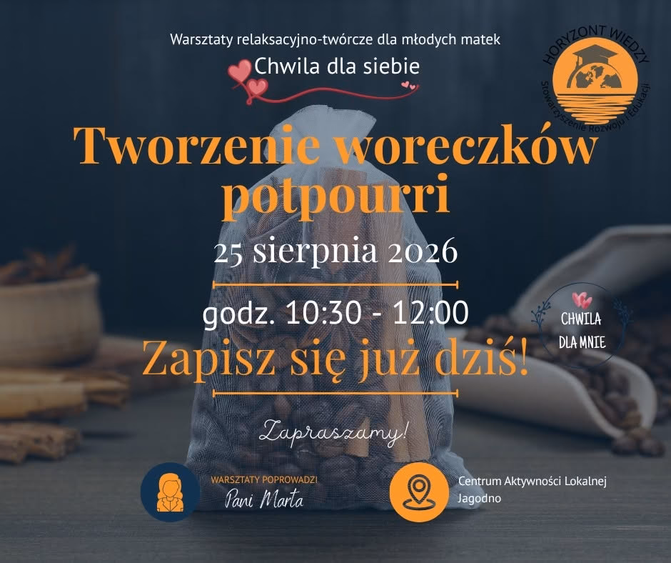 Plakat warsztatów relaksacyjno‑twórczych dla młodych matek – domowe SPA i tworzenie olejków zapachowych, z datą, godziną i informacją o prowadzącej.